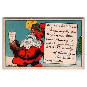 Vintage Santa Claus Christmas Postcard Smiling Moon Man and Handwritten Letter